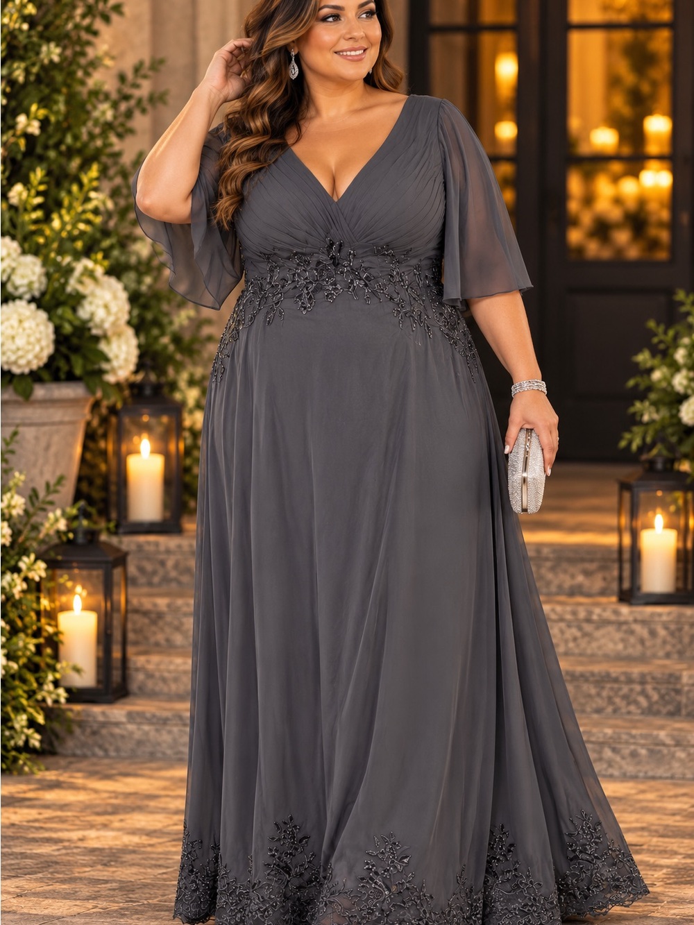Plus-Size V-Neck Chiffon Maxi Dress in Charcoal Gray-Corset